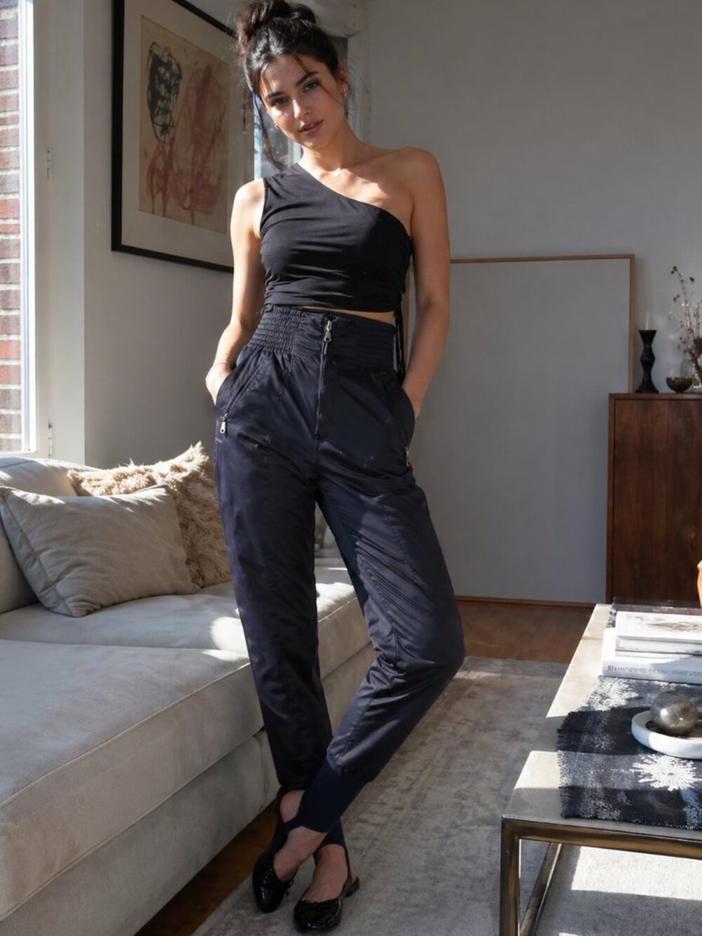 VINTAGE Black Stirrup Pants S High Waisted Slim Ski Pants 80s 90s Style Minimal